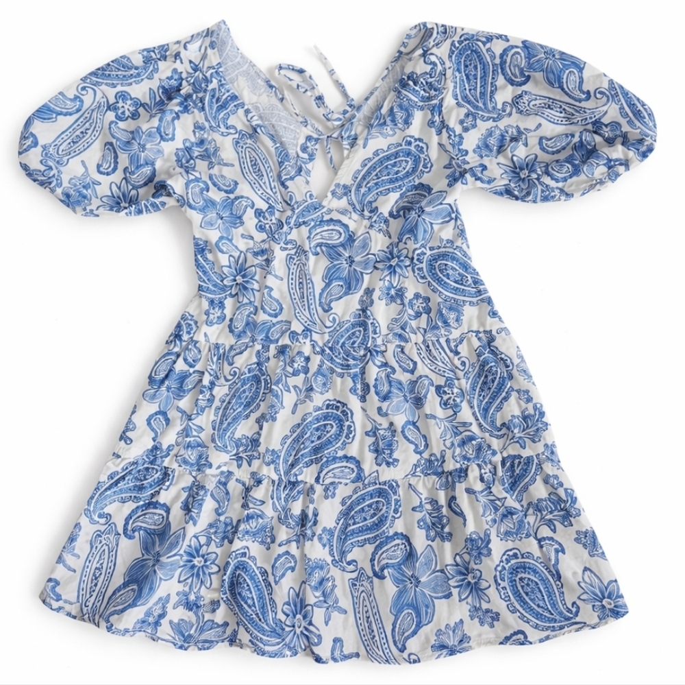 Melloday Paisley Floral Puff Sleeve Minidress greek vacation pockets sz XL